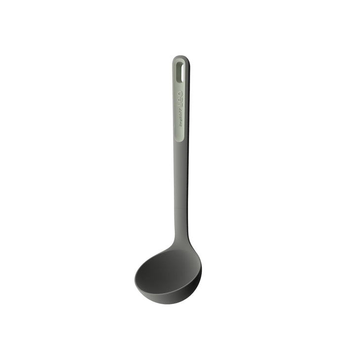 Gray plastic ladle with a long handle.
