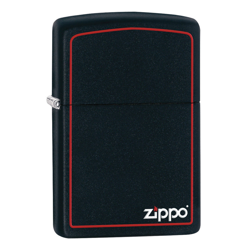 Black Zippo lighter with a red border and white Zippo logo.