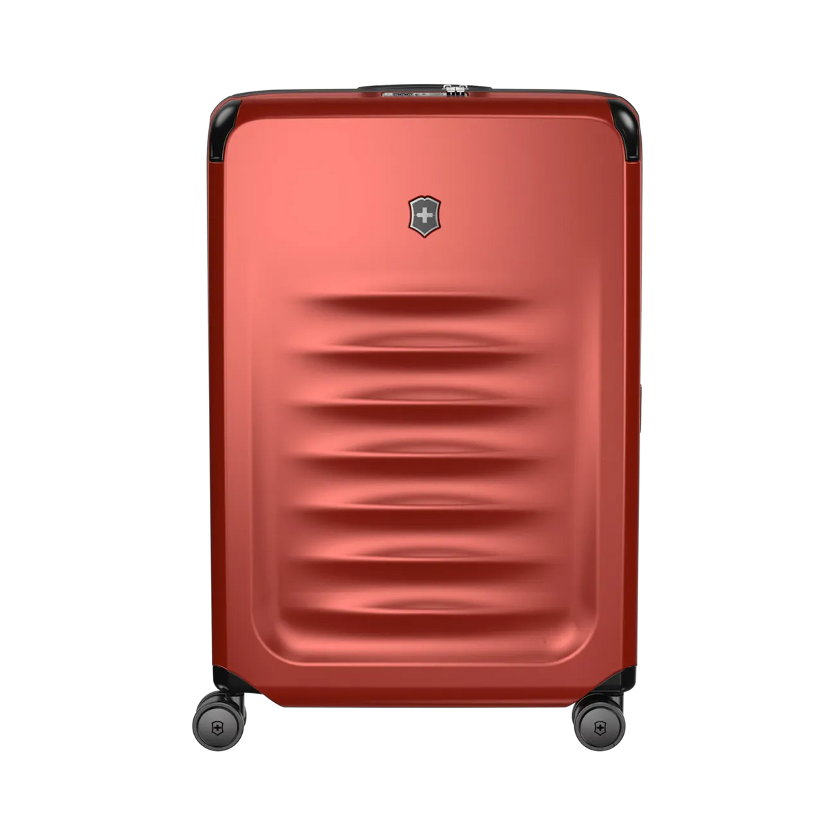 Red hardshell rolling suitcase with horizontal ridges and a logo emblem.