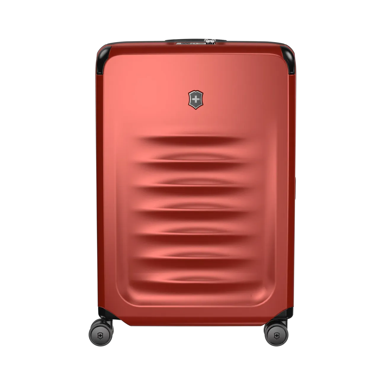 Red hardshell rolling suitcase with horizontal ridges and a logo emblem.