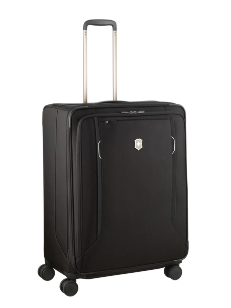 Black rolling suitcase with an extendable handle and four wheels.