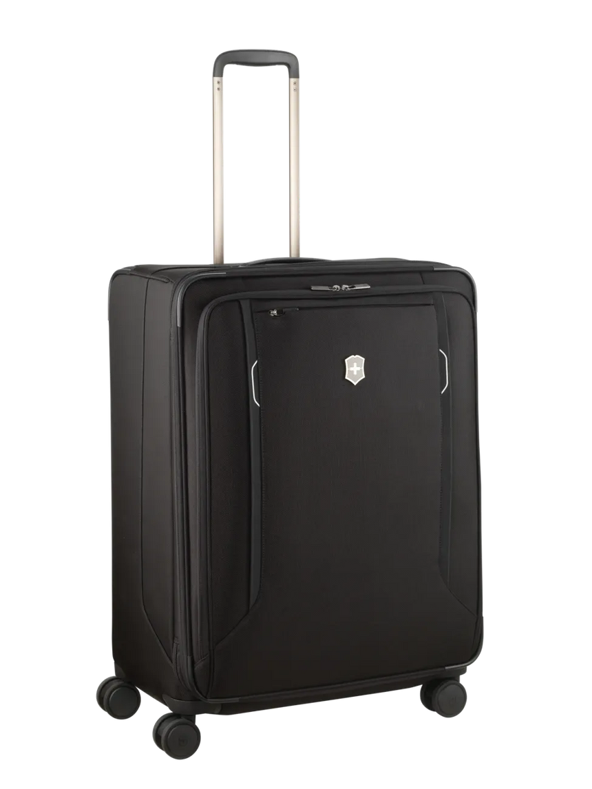 Black rolling suitcase with an extendable handle and four wheels.