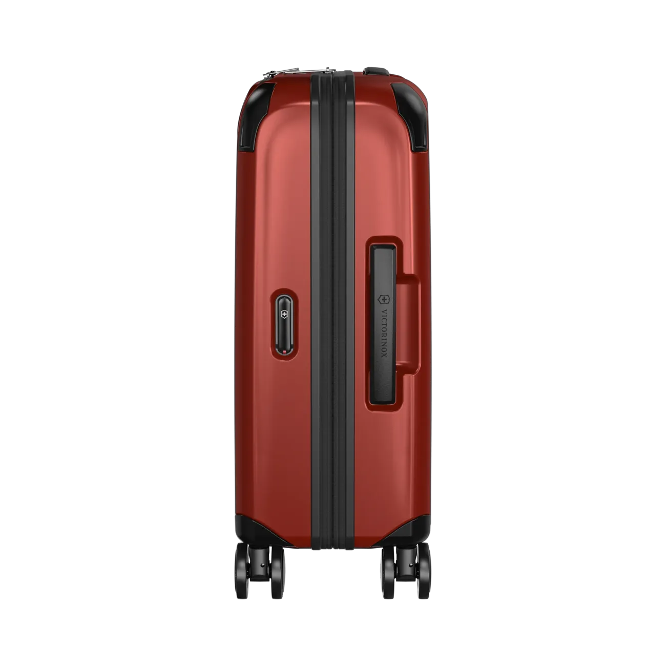 Red hardshell rolling suitcase with black trim and wheels.