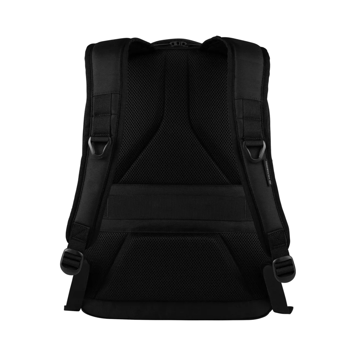 Black backpack with padded straps and multiple compartments.