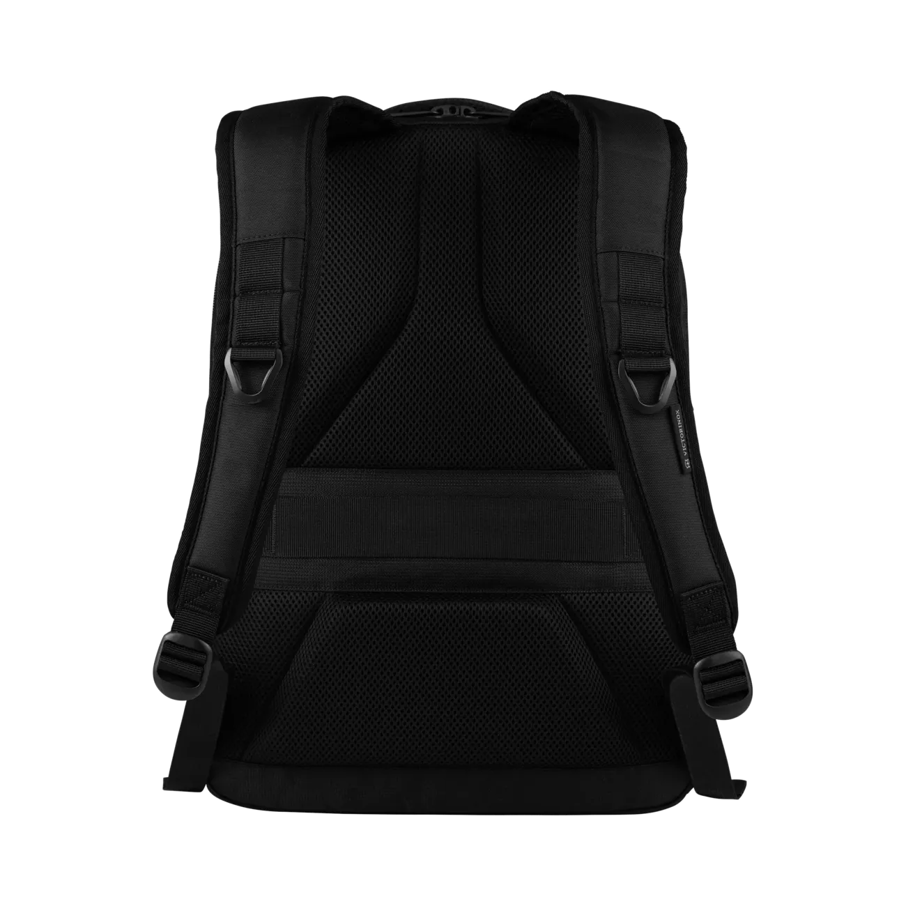Black backpack with padded straps and multiple compartments.