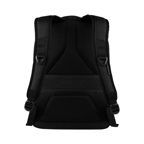 Black backpack with padded straps and multiple compartments.