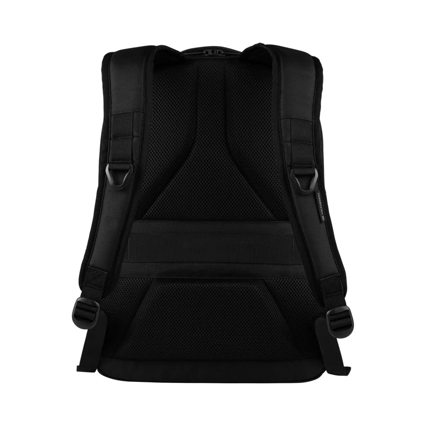 Black backpack with padded straps and multiple compartments.