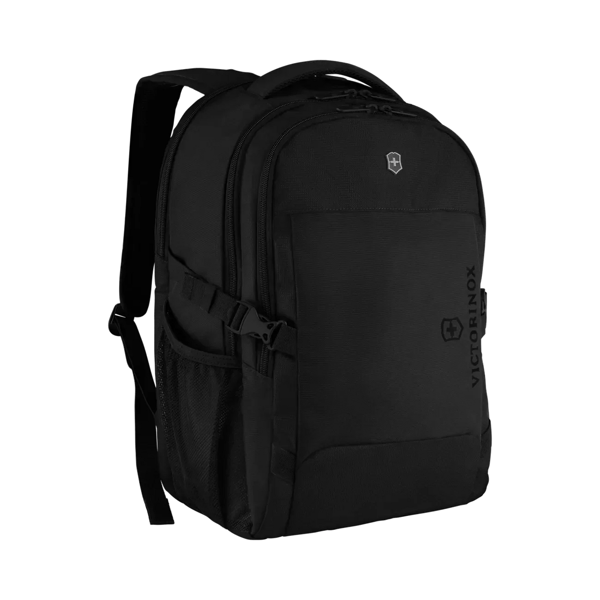 Black backpack with multiple compartments and padded shoulder straps.