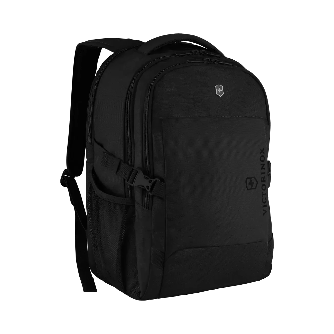 Black backpack with multiple compartments and padded shoulder straps.