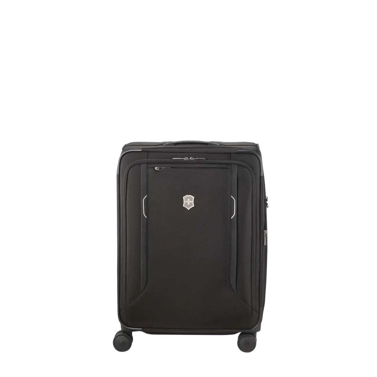 Black wheeled suitcase with a zippered front pocket and a logo emblem.