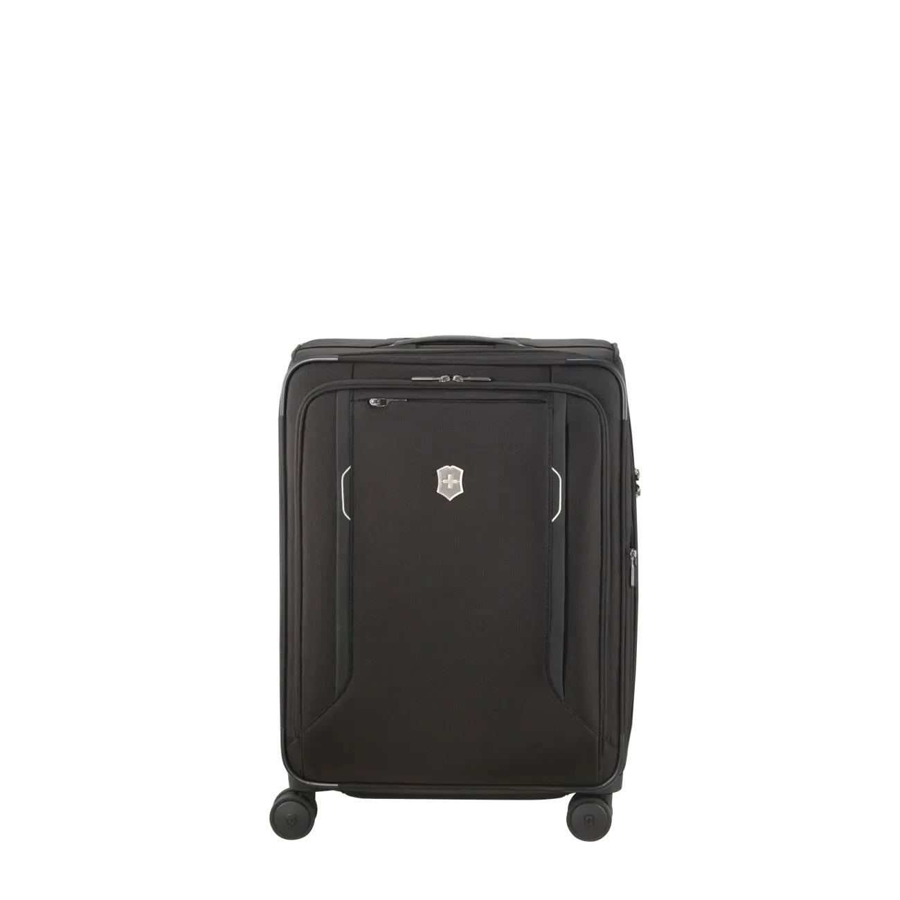 Black wheeled suitcase with a zippered front pocket and a logo emblem.