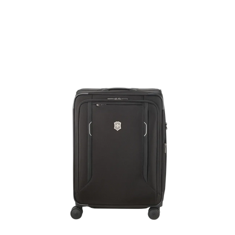 Black wheeled suitcase with a zippered front pocket and a logo emblem.