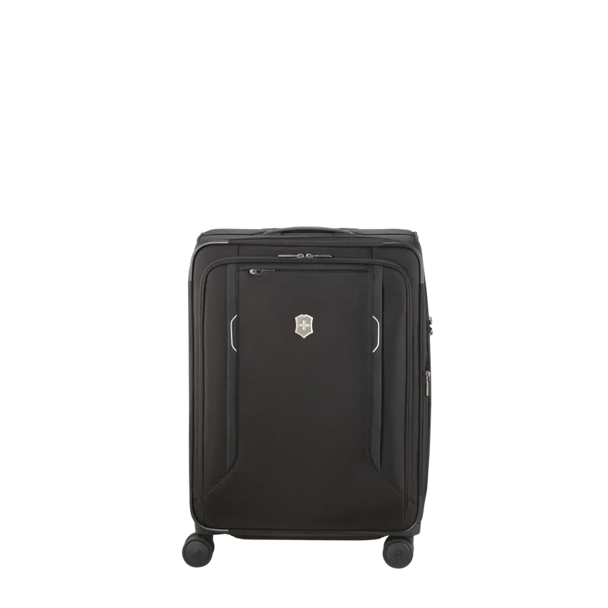 Black wheeled suitcase with a zippered front pocket and a logo emblem.