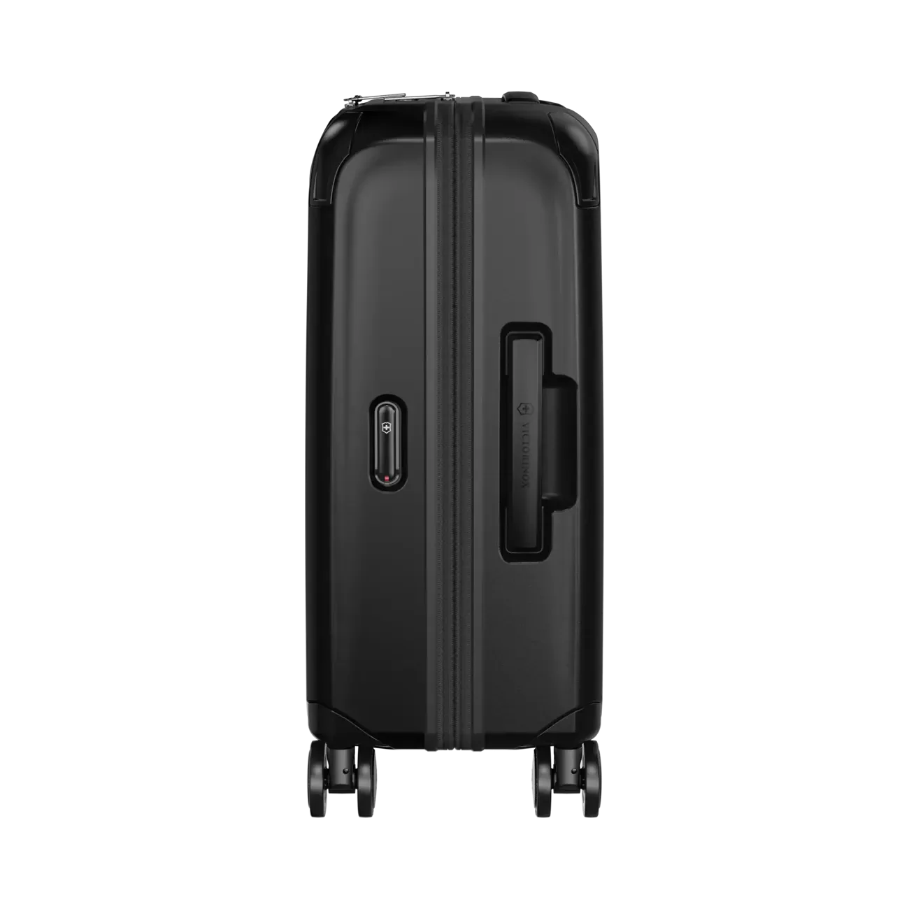 Black hardshell carry-on suitcase with extendable handle and wheels.