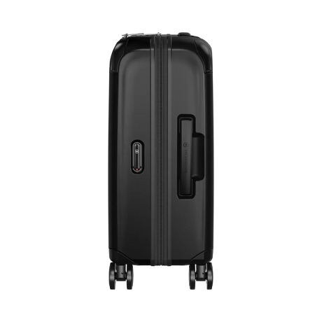 Black hardshell carry-on suitcase with extendable handle and wheels.