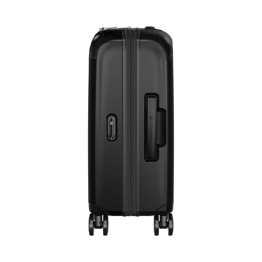 Black hardshell carry-on suitcase with extendable handle and wheels.