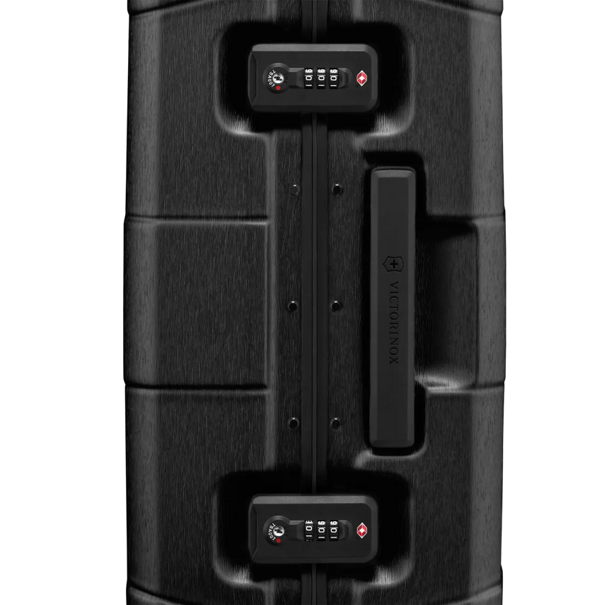 Black suitcase or luggage with combination locks and a handle.