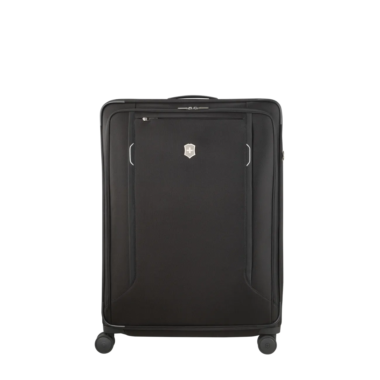 Black wheeled suitcase with a front zippered compartment.