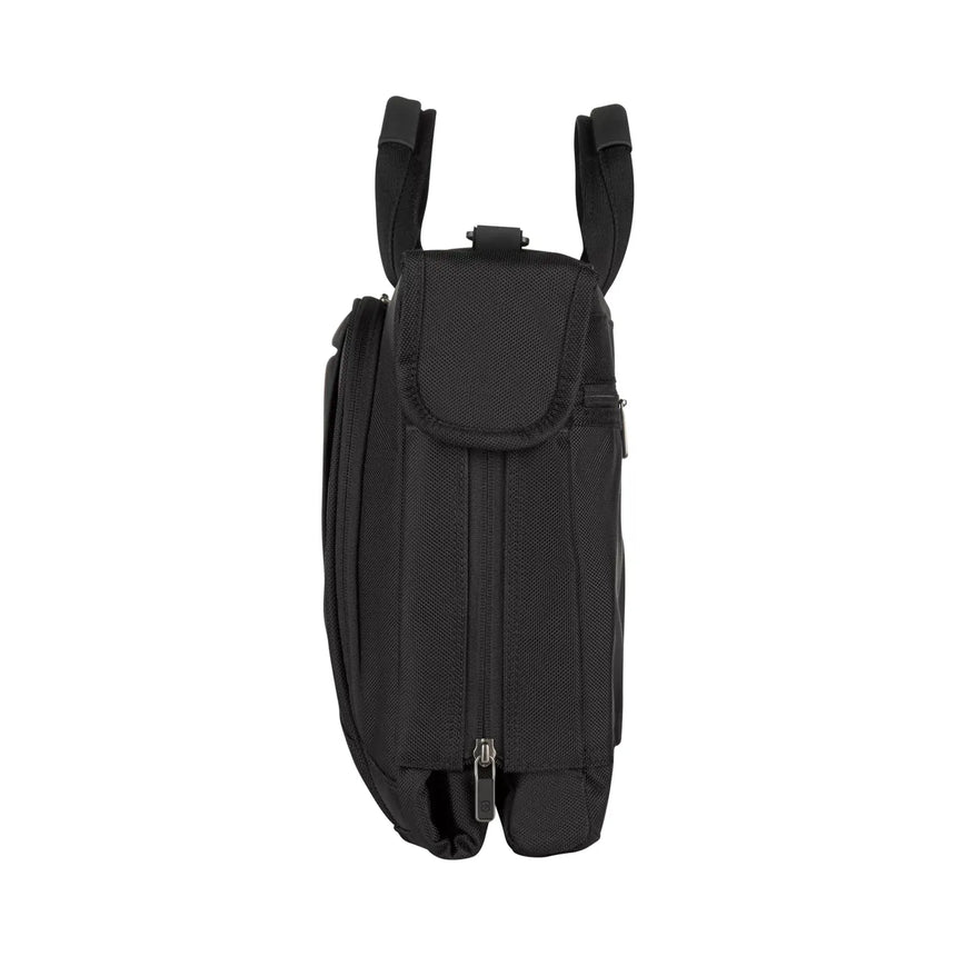 Black messenger-style bag or laptop case with multiple compartments and carrying handles.