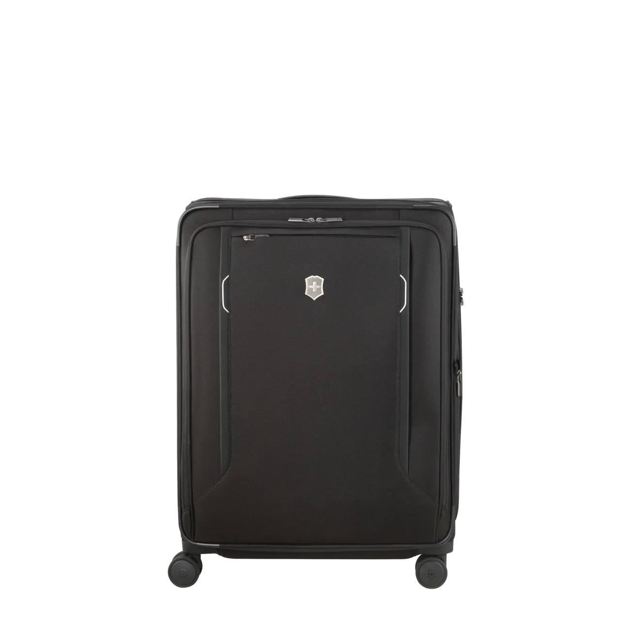 Black wheeled suitcase with a Victorinox logo.