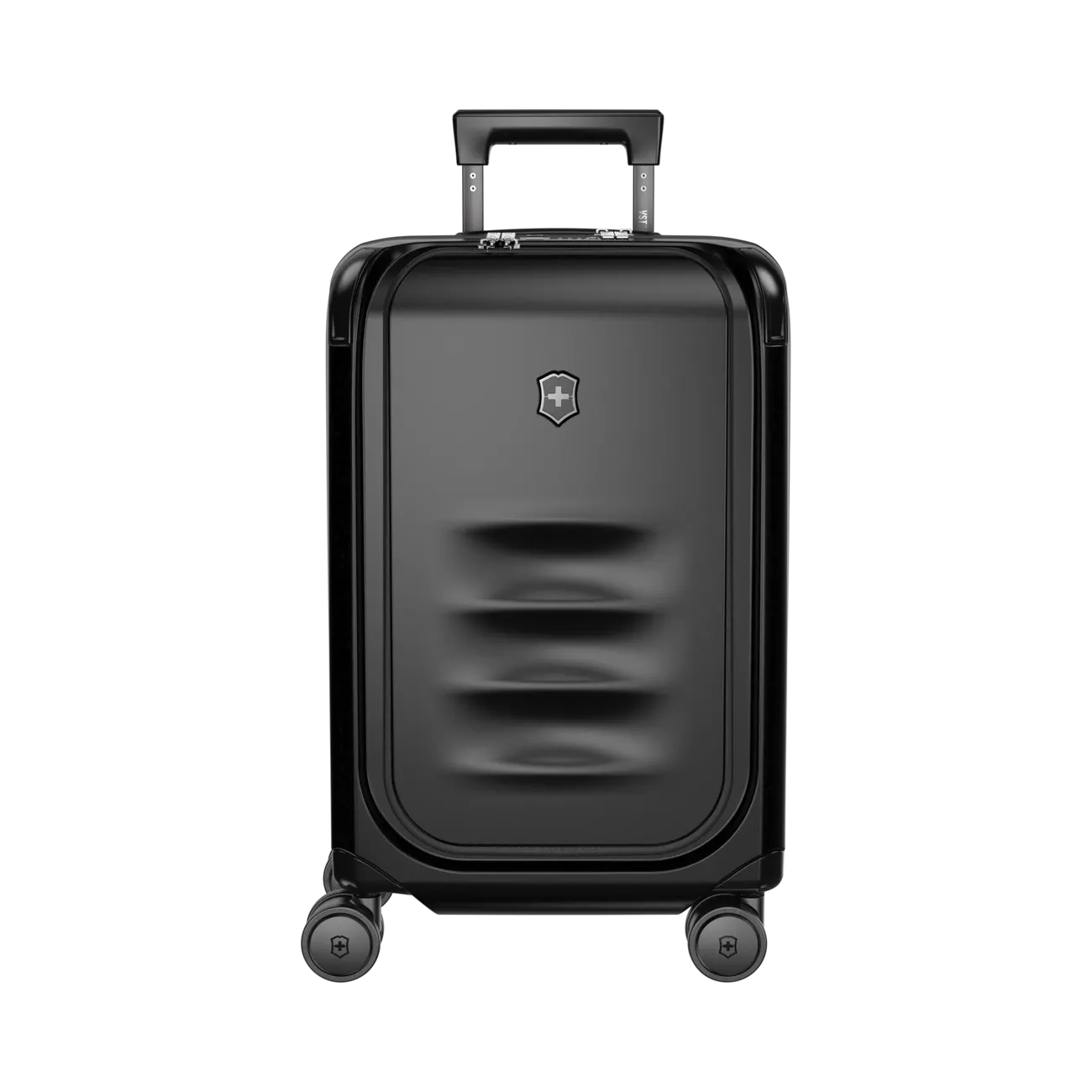 Black hardshell rolling suitcase with a retractable handle and four wheels.