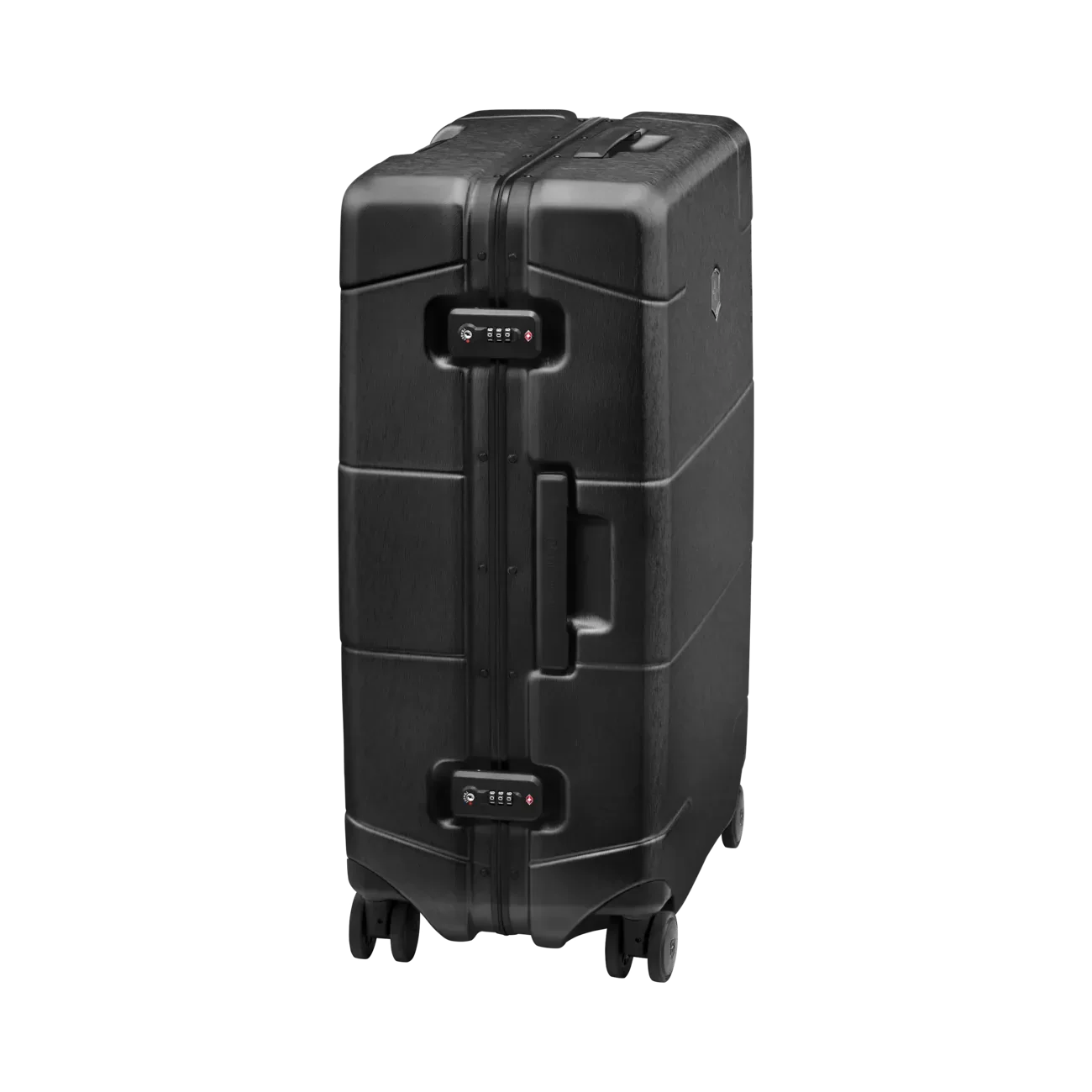 Black hardshell rolling suitcase with wheels and a retractable handle.