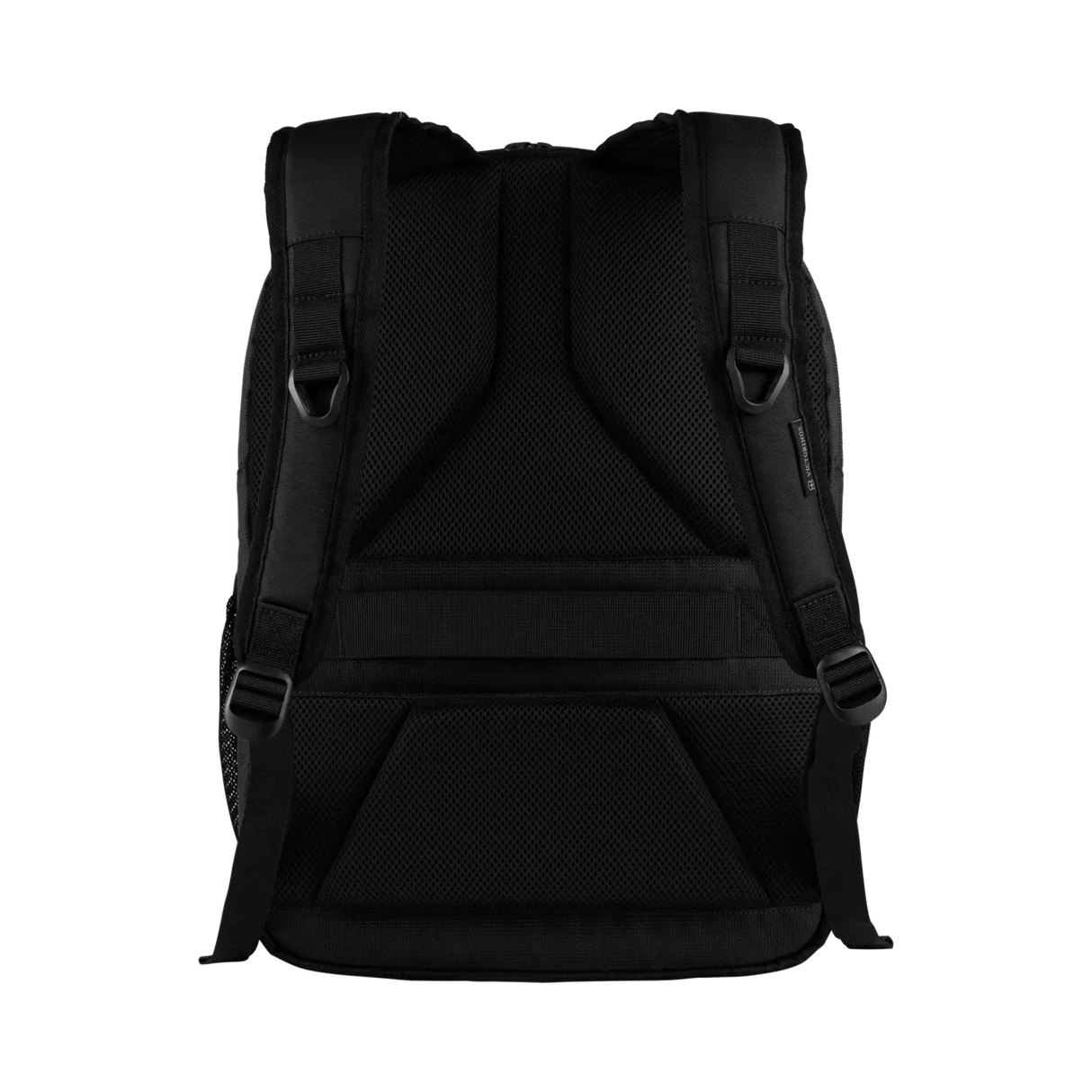 Black backpack with adjustable shoulder straps and multiple compartments.