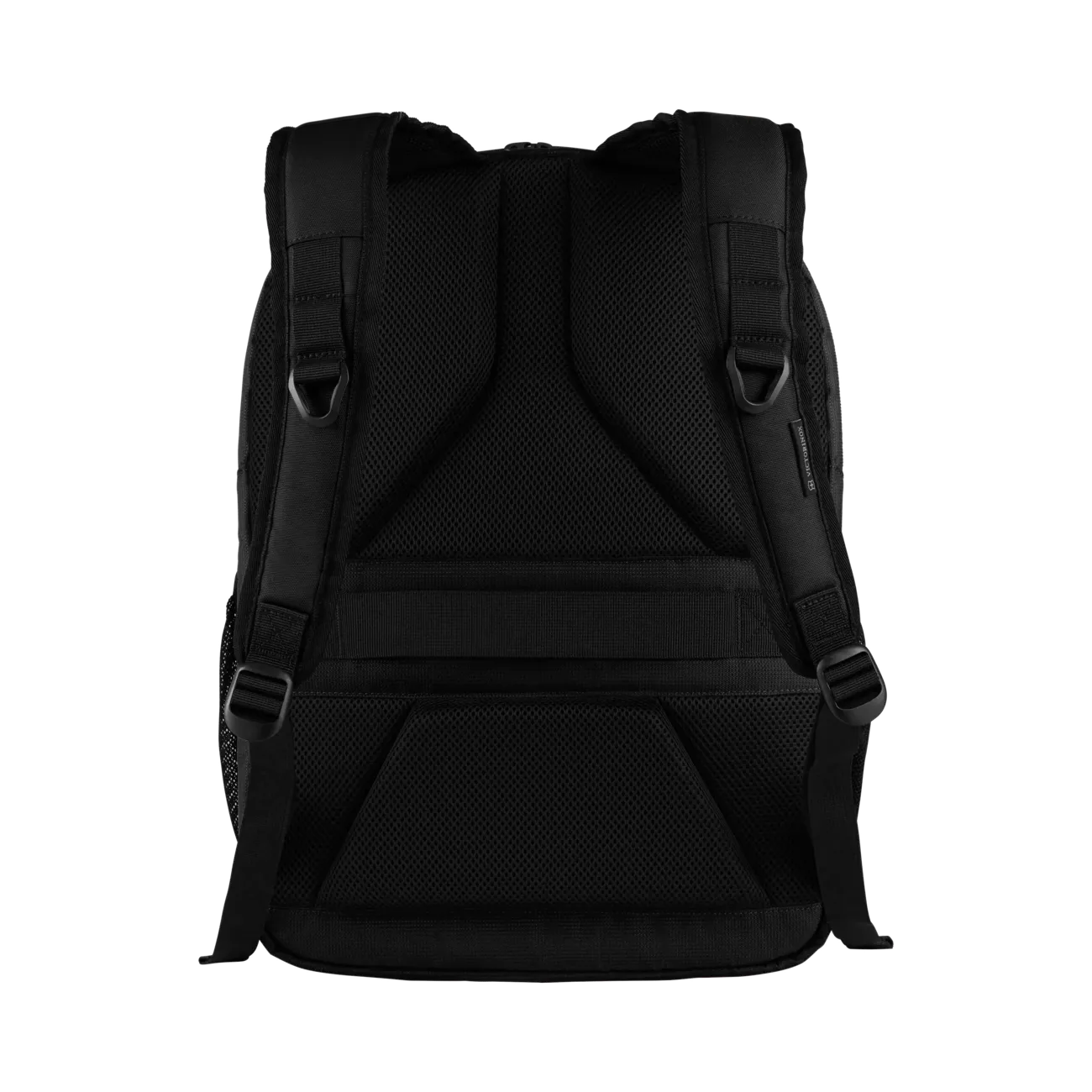 Black backpack with adjustable shoulder straps and multiple compartments.
