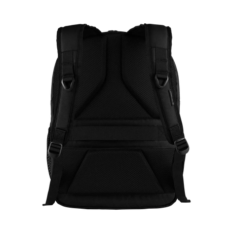 Black backpack with adjustable shoulder straps and multiple compartments.