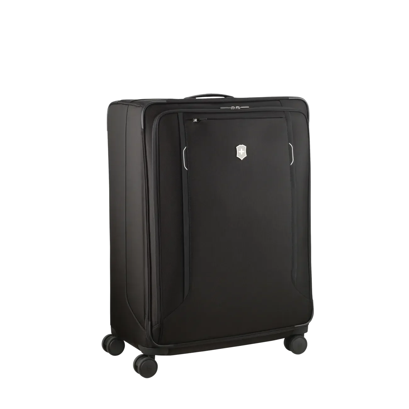 Black rolling suitcase with four wheels and a front pocket.