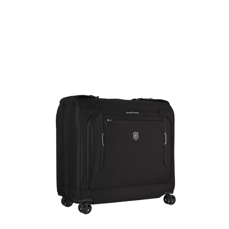 Black rolling garment bag or suitcase with multiple compartments and wheels.