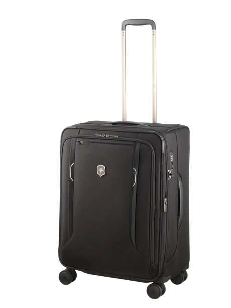 Black wheeled suitcase with an extendable handle.