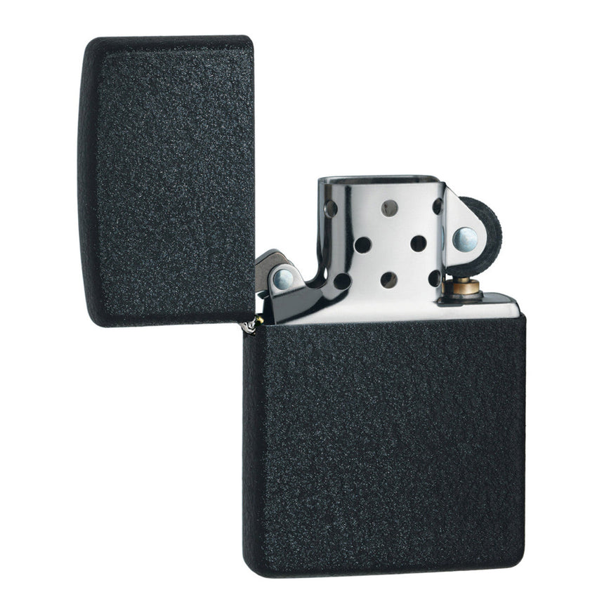 Black matte Zippo-style lighter with an open lid.