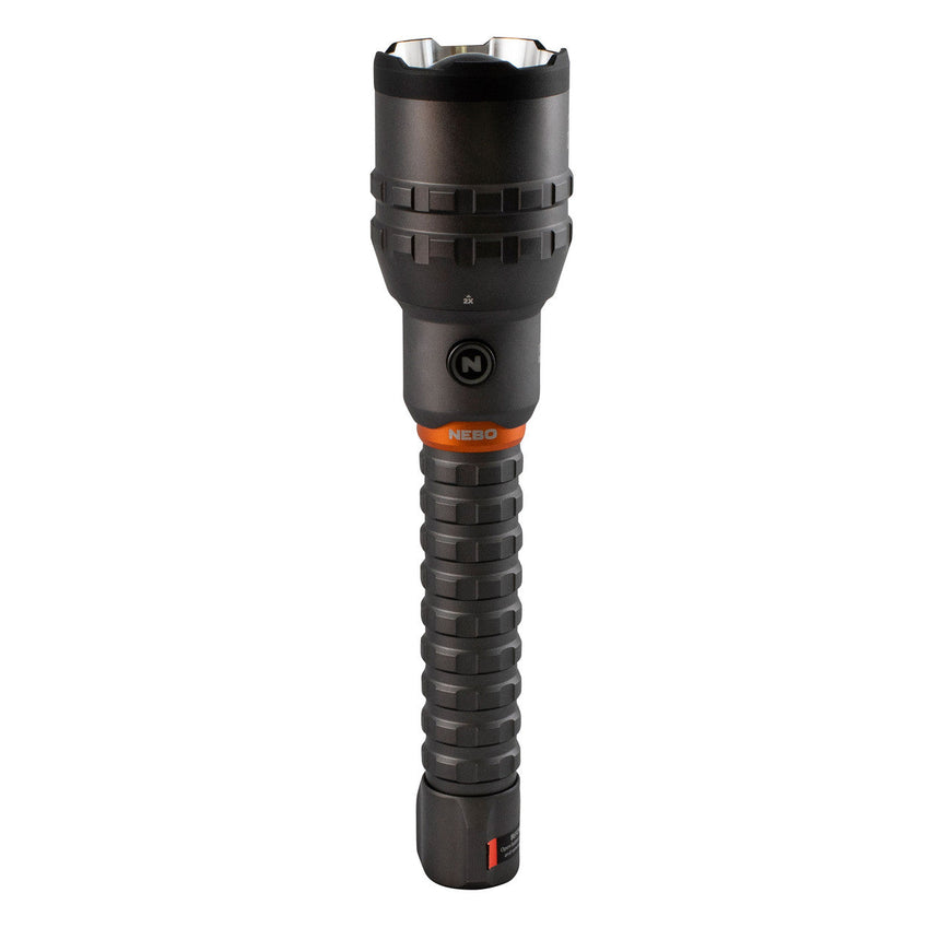 Black handheld flashlight with a textured grip and orange accent ring.