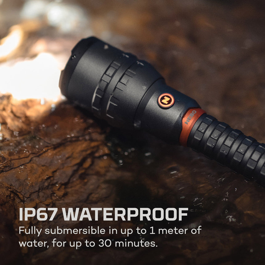 Black waterproof flashlight with IP67 rating for submersion up to 1 meter.