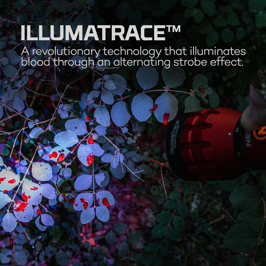 Illuminated plant leaves with red droplets, showcasing a blood detection technology called Illumatrace.