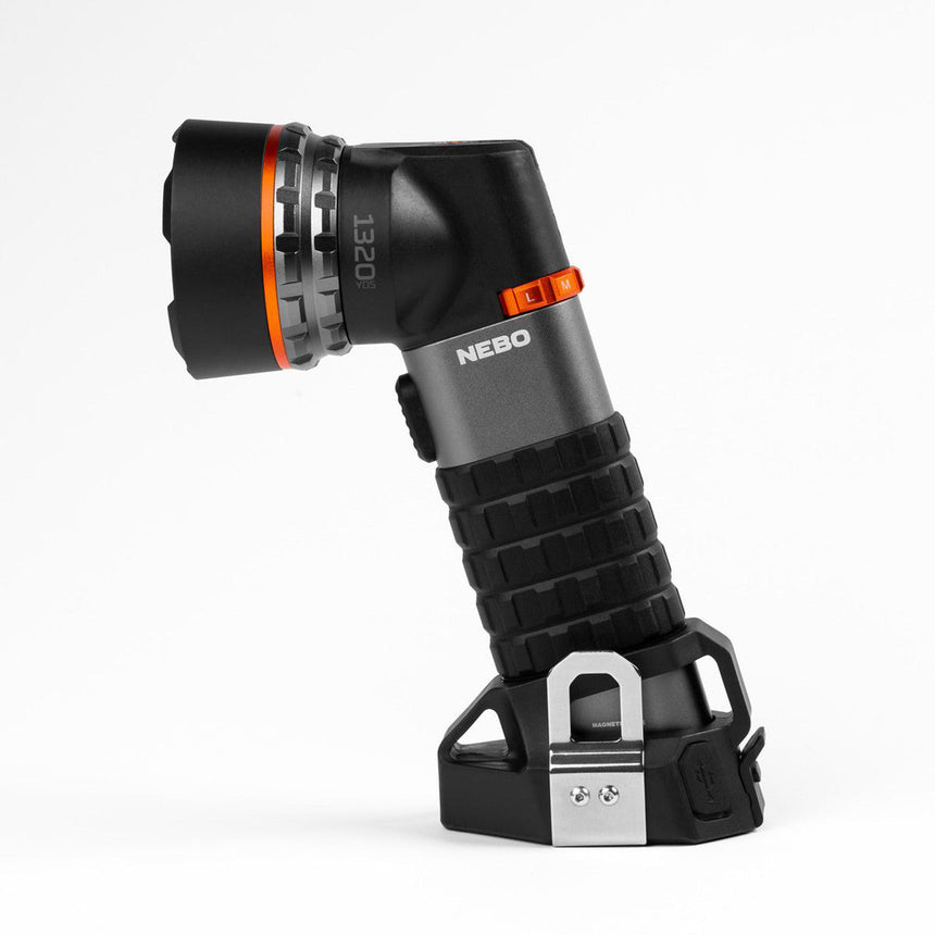 Angled flashlight with a flexible neck and sturdy base.