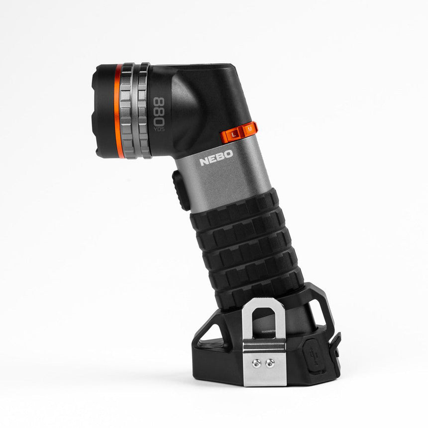 Angled flashlight with a flexible neck and sturdy base.
