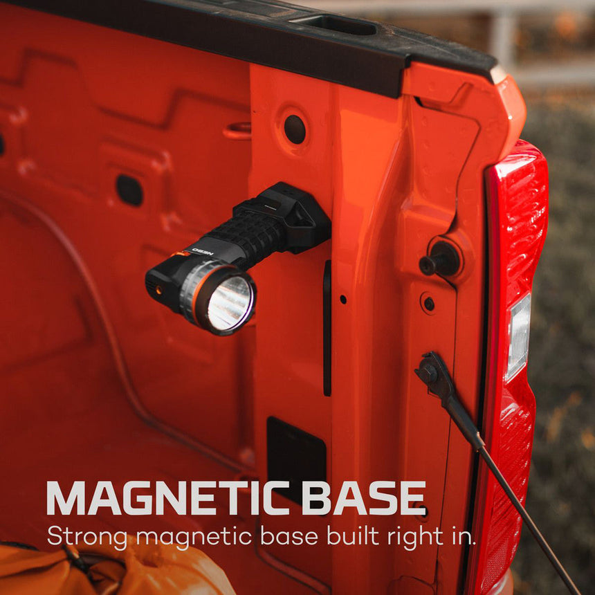 Red power tool with a built-in magnetic base and attached flashlight.