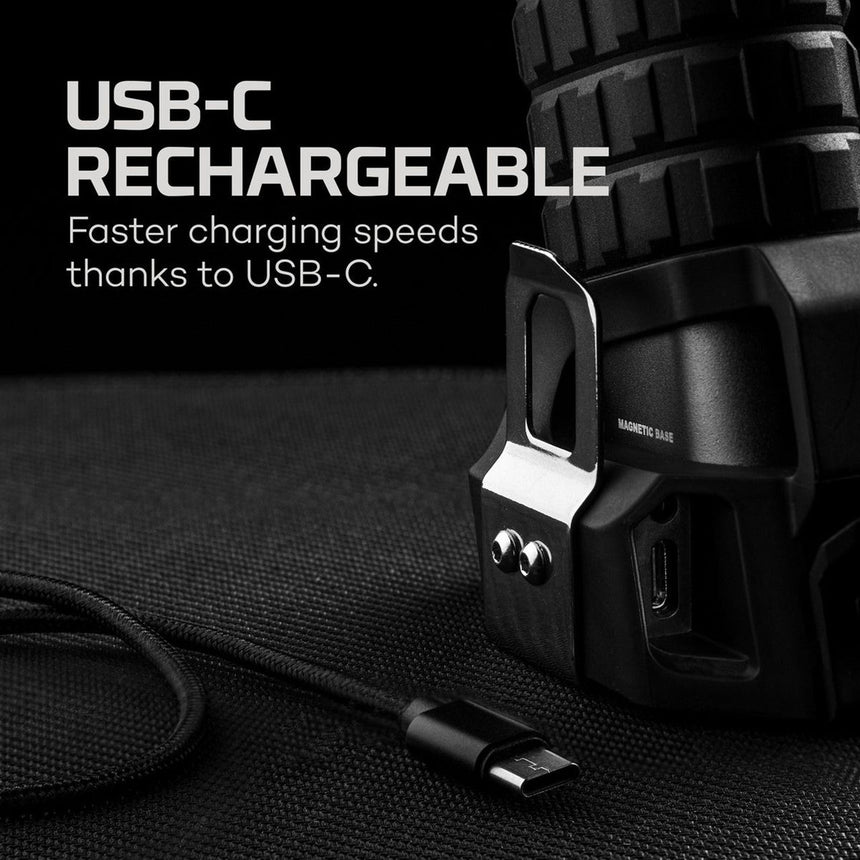 USB-C rechargeable device with a charging port and cable visible.
