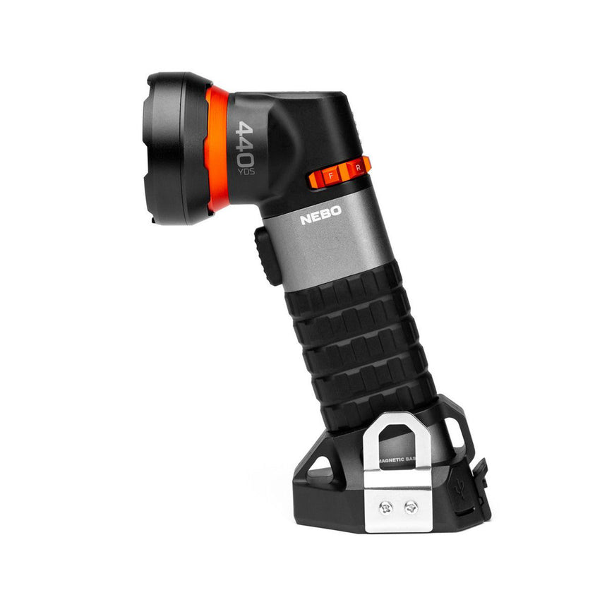 Angled flashlight with a textured grip and adjustable head.