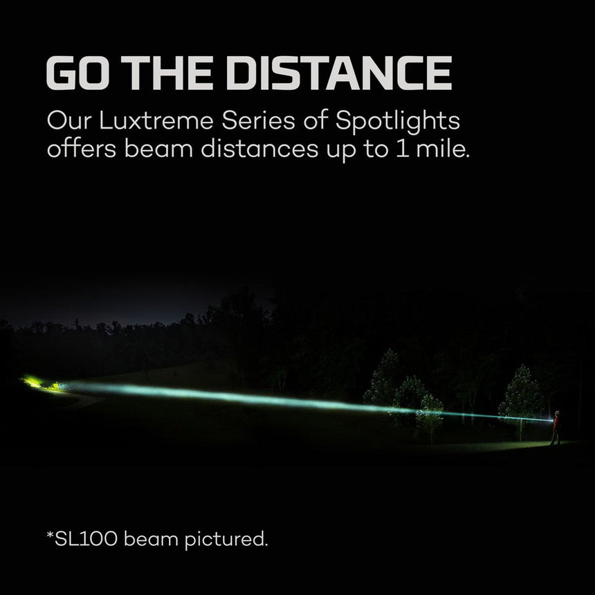 Powerful spotlight beam illuminating a long distance in darkness.