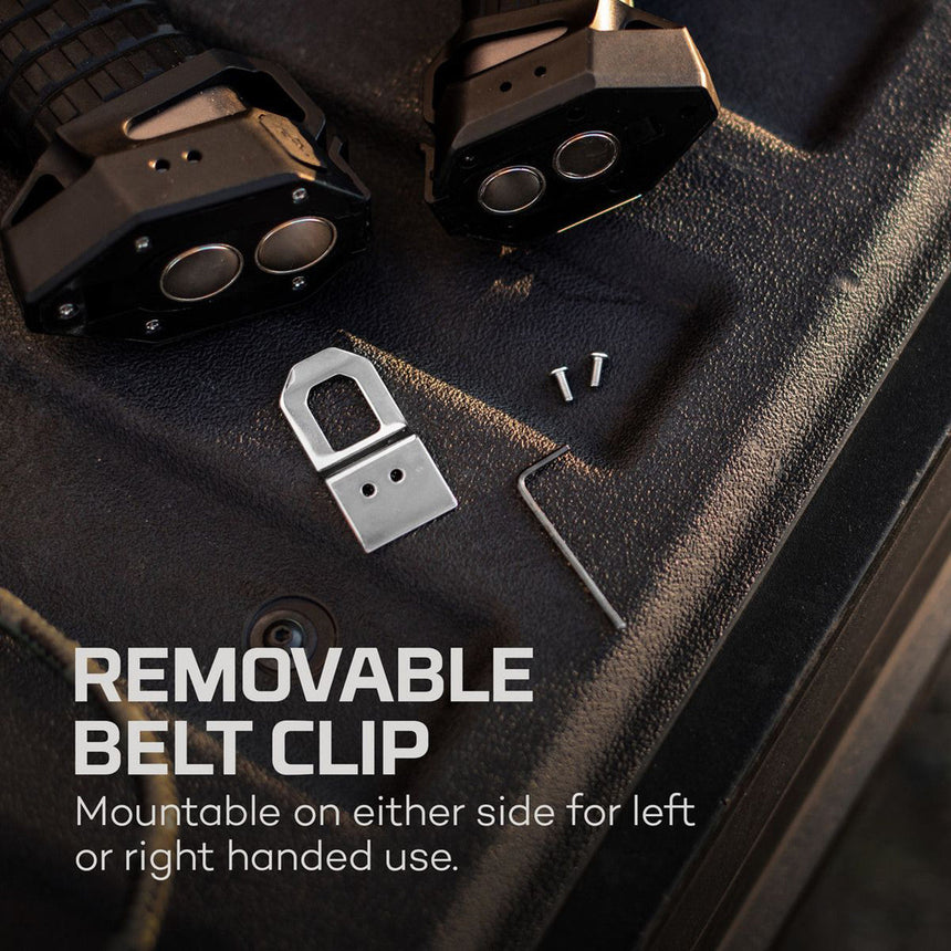Removable belt clip for a device, mountable on either side.