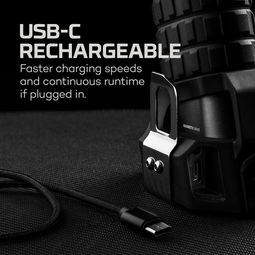 USB-C rechargeable flashlight or portable light with charging cable.