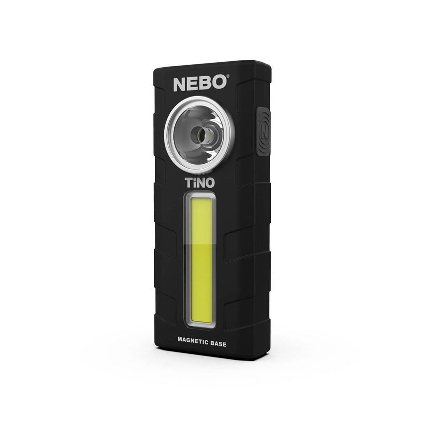 Compact black flashlight with a circular LED and rectangular COB light strip.