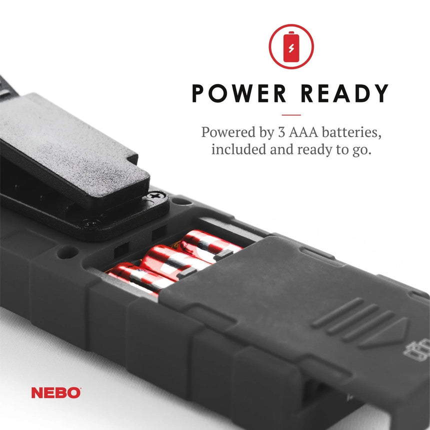 Flashlight or portable light device with an open battery compartment showing AAA batteries.