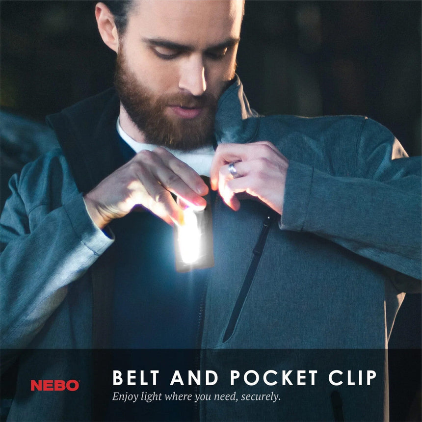 Illuminated clip device attached to a man’s suit pocket.