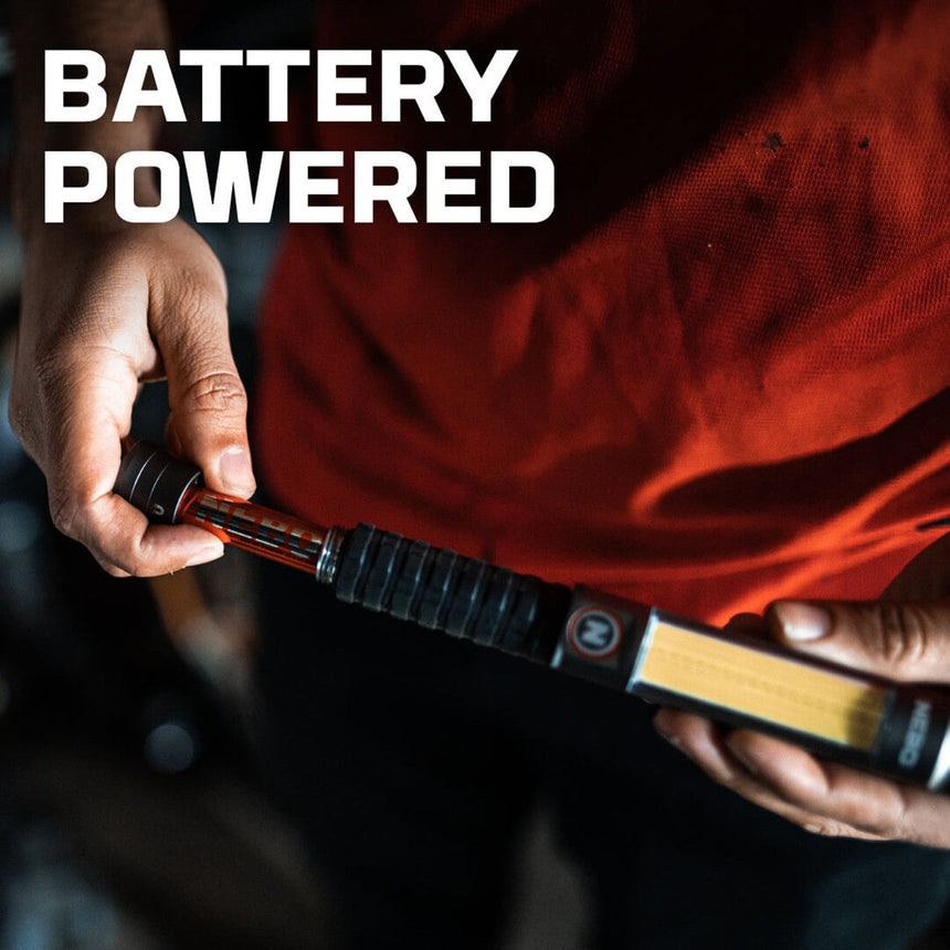 Battery-powered handheld torch or flashlight with a black grip.
