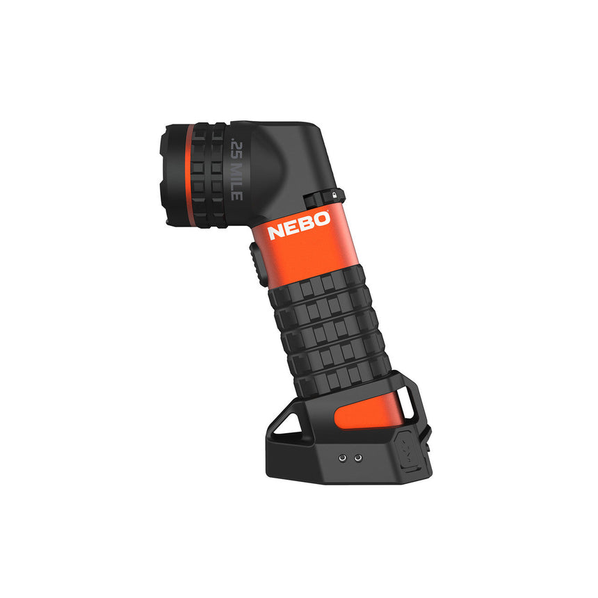 Handheld flashlight with an adjustable head and orange accents.