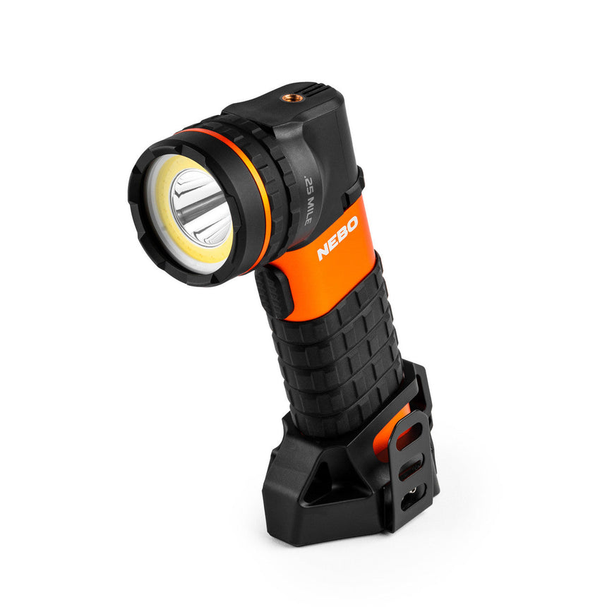 Handheld LED flashlight with an adjustable head and orange accents.